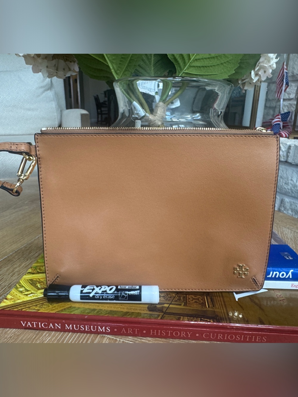 Tory Burch Cognac Leather Wristlet with Gold Hardware